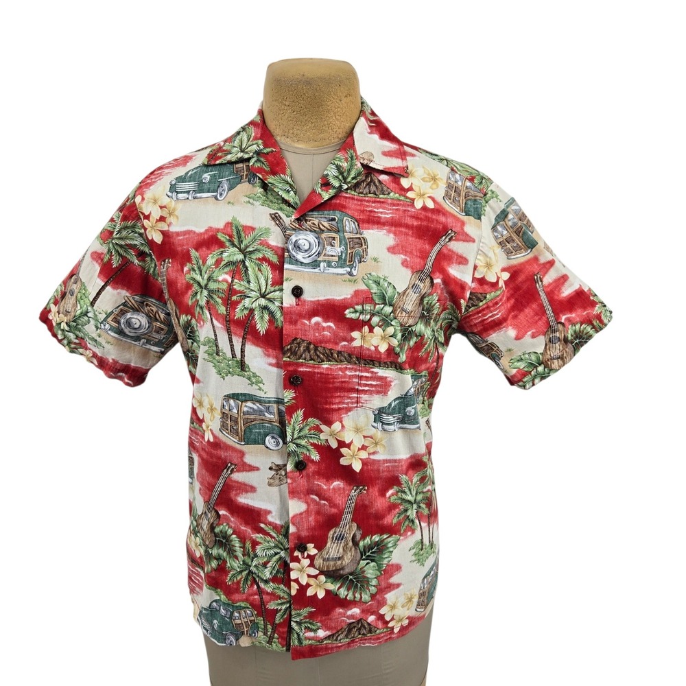Blue Hawaii Button Down Shirt Mens L Red Tropical Woodie Ukulele Aloha Vacation